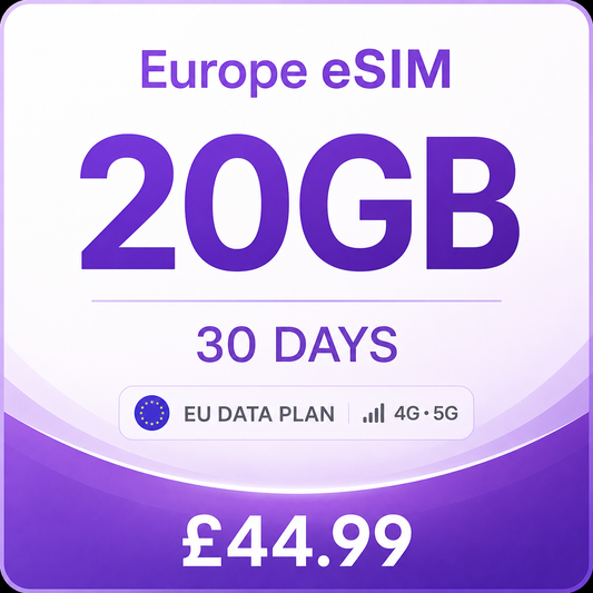 Europe eSIM 20GB – 30 Day Data Plan