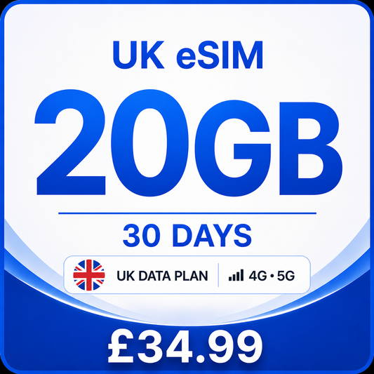 UK eSIM 20GB – 30 Day Data Plan